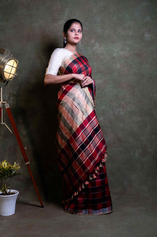 Anuttara Fabric Red & Black Linen Saree