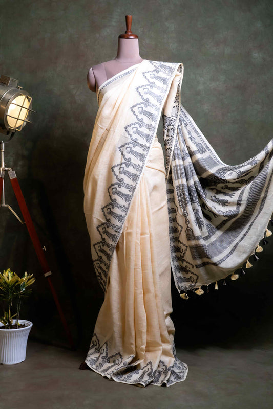 Anuttara Fabric Cream & Grey Dobi Linen Saree