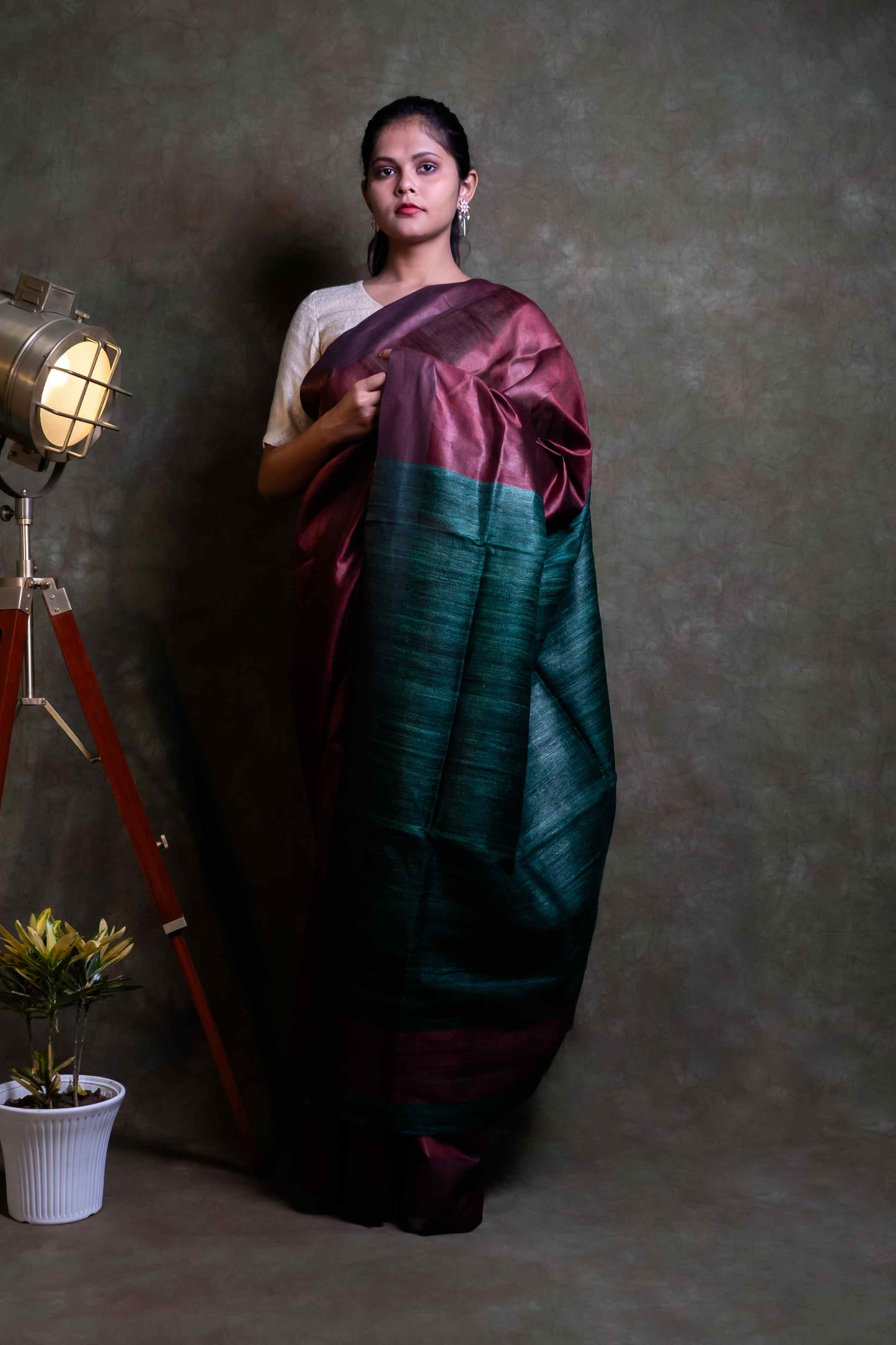 Anuttara Fabric Magenta & Peacock Green Tussar Silk Saree