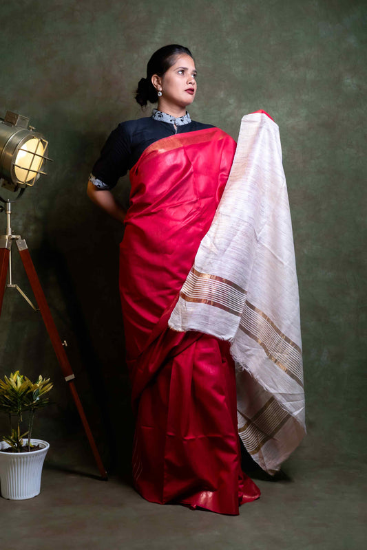 Anuttara Fabric Red Tussar Silk Saree