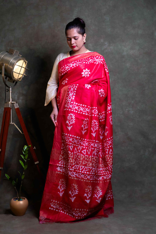 Anuttara Fabric Red Khadi Cotton Printed Batik Saree
