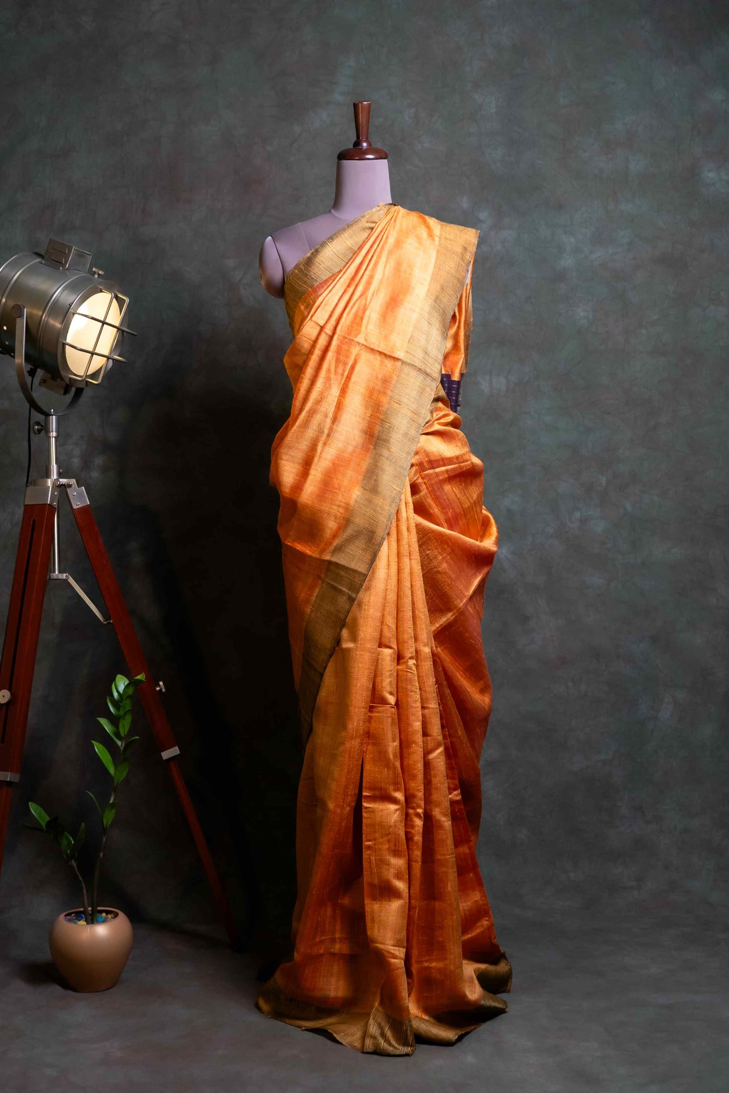 Anuttara Fabric Orange & Purple Raw Silk Saree