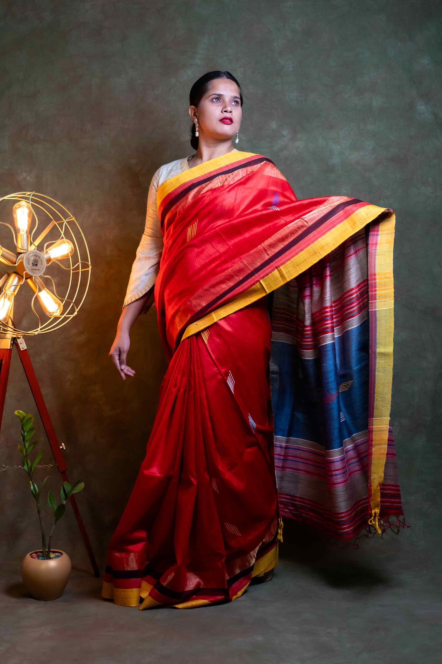 Anuttara Fabric Hot Red Raw Silk Saree