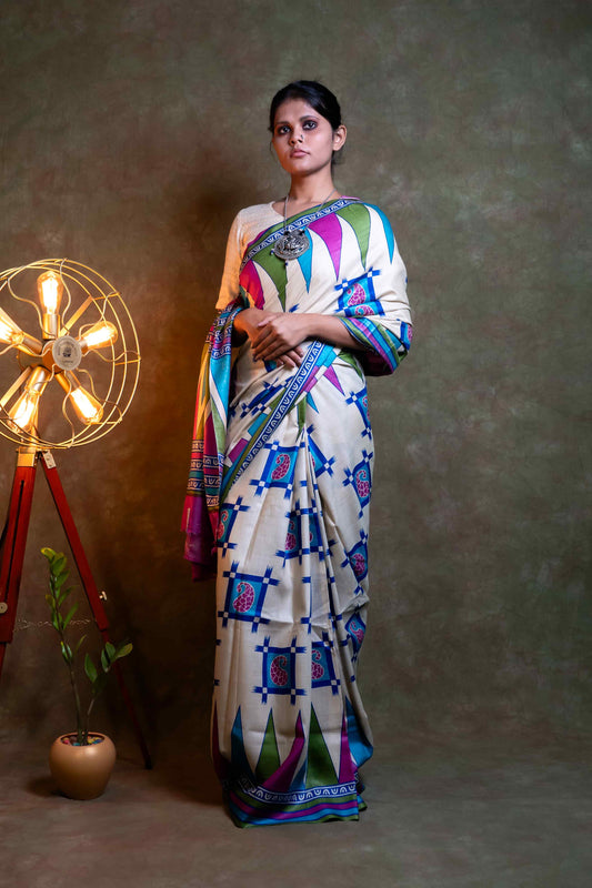 Anuttara Fabric Colorful Geometrical Pattern Munga Silk Printed Saree