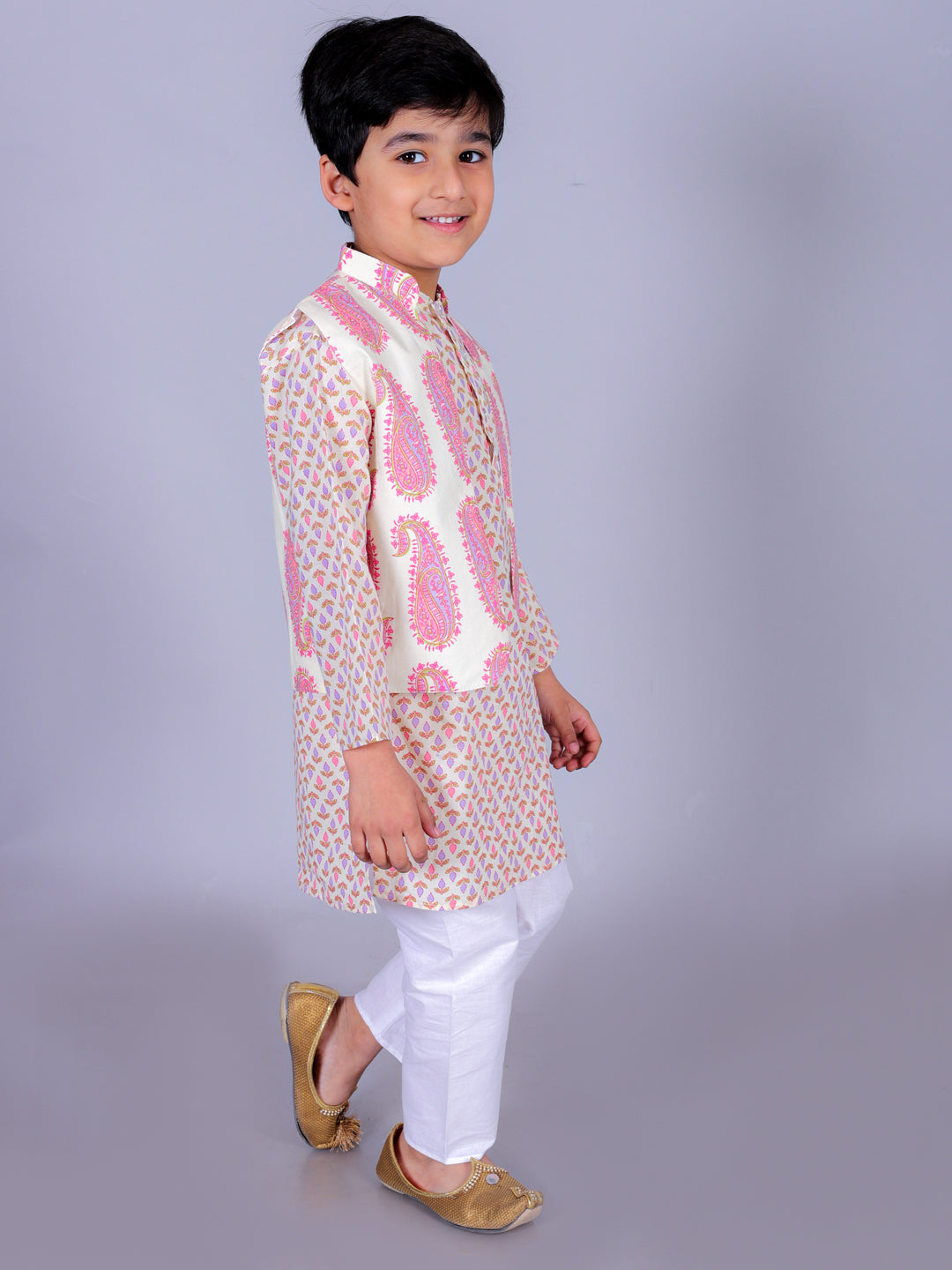 Purple Cotton Blend Straight Kurta, Waistcoat & Pyjama Set