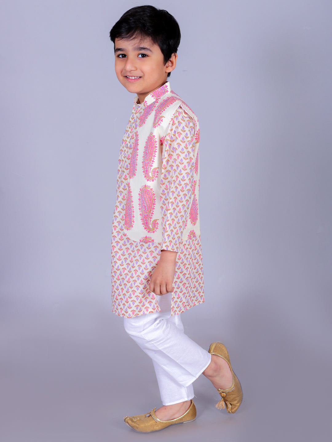 Purple Cotton Blend Straight Kurta, Waistcoat & Pyjama Set