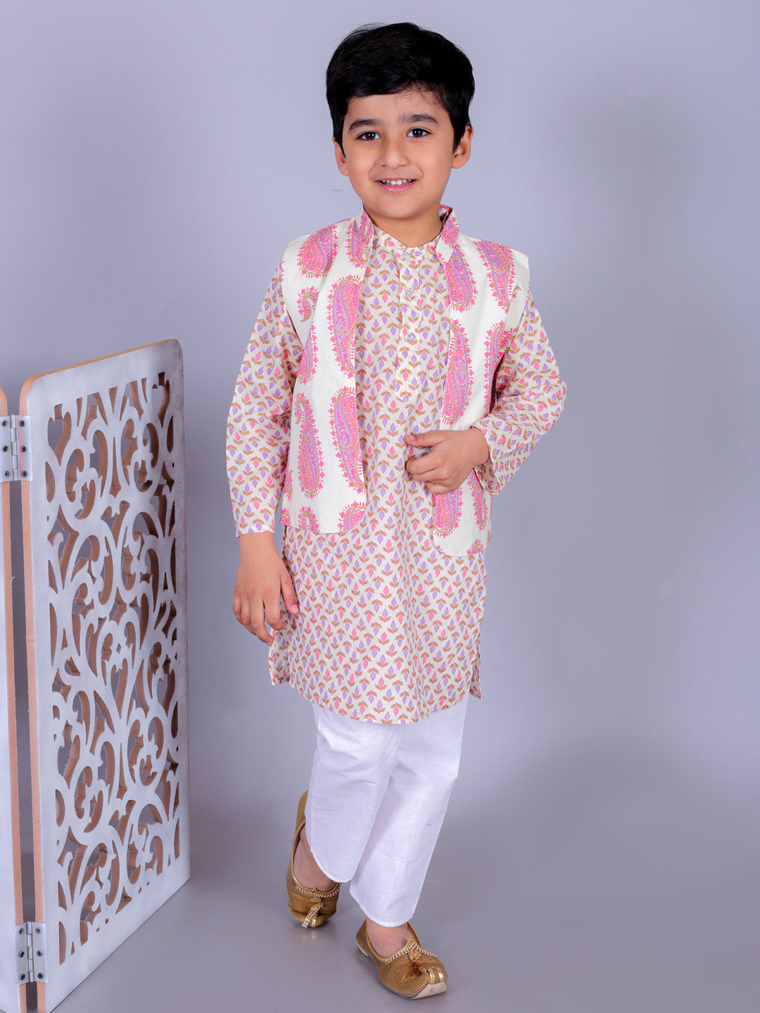 Purple Cotton Blend Straight Kurta, Waistcoat & Pyjama Set