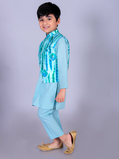 Anuttara Sea Green Cotton Blend Straight Kurta Waistcoat & Pyjama Set_FJB1014