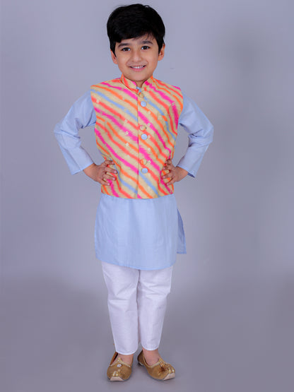 Anuttara Sky Blue Cotton Blend Straight Kurta Waistcoat & Pyjama Set_FJB1015