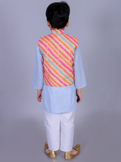 Anuttara Sky Blue Cotton Blend Straight Kurta Waistcoat & Pyjama Set_FJB1015