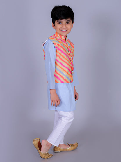 Anuttara Sky Blue Cotton Blend Straight Kurta Waistcoat & Pyjama Set_FJB1015