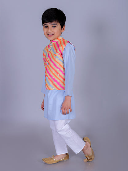 Anuttara Sky Blue Cotton Blend Straight Kurta Waistcoat & Pyjama Set_FJB1015