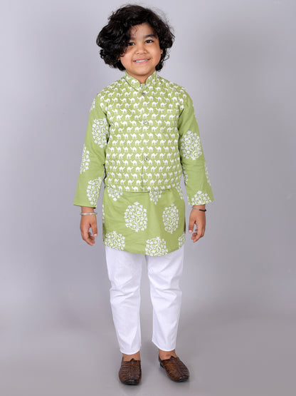 Anuttara Green Cotton Blend Straight Kurta Waistcoat & Pyjama Set_FJB1017
