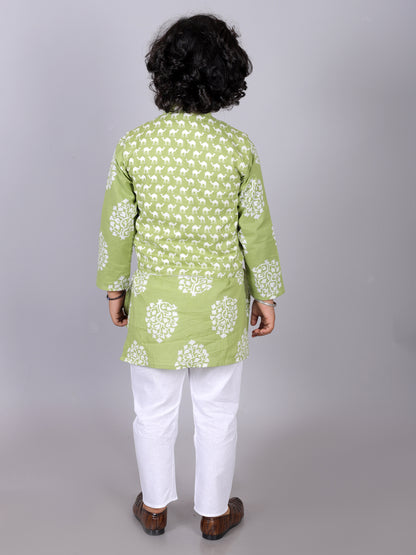 Anuttara Green Cotton Blend Straight Kurta Waistcoat & Pyjama Set_FJB1017