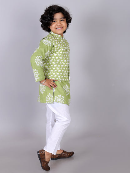 Anuttara Green Cotton Blend Straight Kurta Waistcoat & Pyjama Set_FJB1017