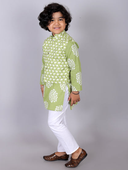 Anuttara Green Cotton Blend Straight Kurta Waistcoat & Pyjama Set_FJB1017