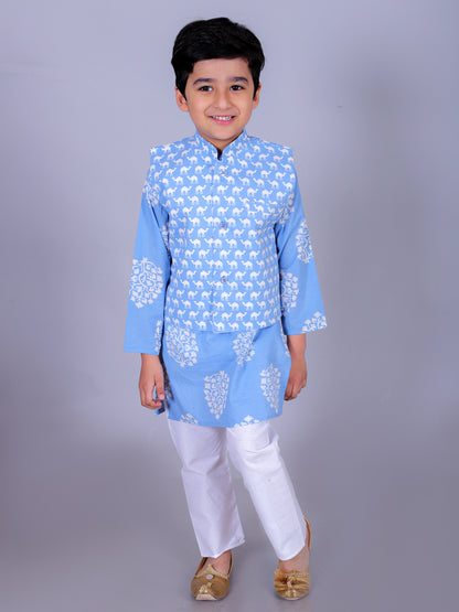 Anuttara Sky Blue Cotton Blend Straight Kurta Waistcoat & Pyjama Set_FJB1018