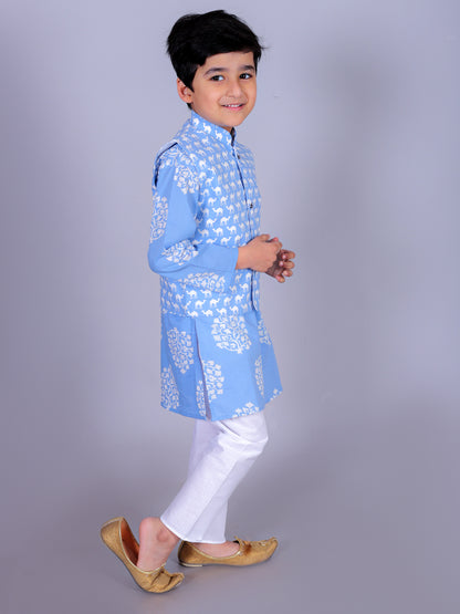 Anuttara Sky Blue Cotton Blend Straight Kurta Waistcoat & Pyjama Set_FJB1018
