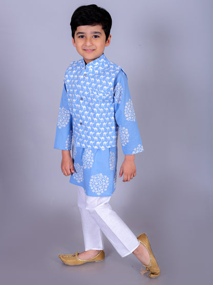 Anuttara Sky Blue Cotton Blend Straight Kurta Waistcoat & Pyjama Set_FJB1018