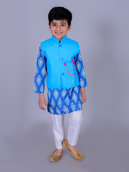 Anuttara Blue Cotton Blend Straight Kurta Waistcoat & Pyjama Set_FJB1022