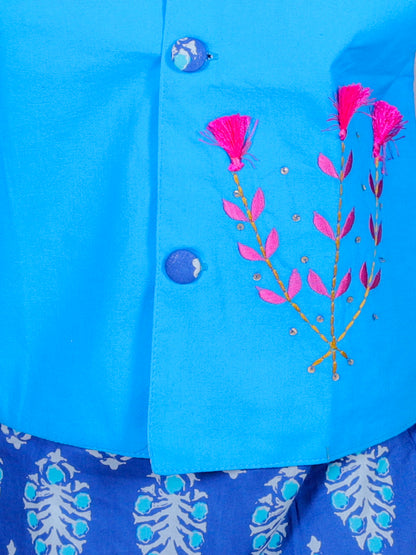 Anuttara Blue Cotton Blend Straight Kurta Waistcoat & Pyjama Set_FJB1022