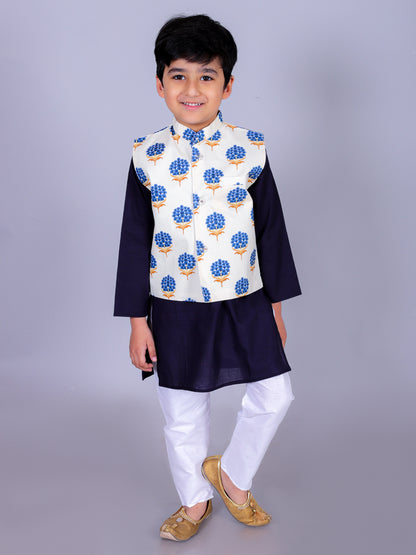 Anuttara Navy Blue Cotton Blend Straight Kurta Waistcoat & Pyjama Set_FJB1023