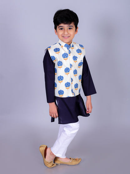Anuttara Navy Blue Cotton Blend Straight Kurta Waistcoat & Pyjama Set_FJB1023