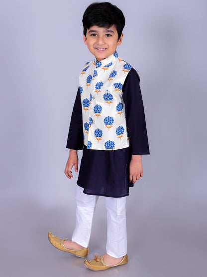 Anuttara Navy Blue Cotton Blend Straight Kurta Waistcoat & Pyjama Set_FJB1023