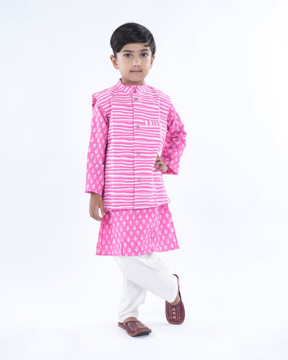 Anuttara Pink Pure Cotton Straight Kurta Waistcoat & Pyjama Set_FJB1038