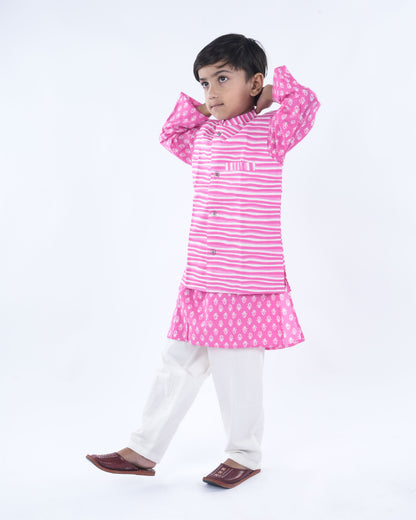 Anuttara Pink Pure Cotton Straight Kurta Waistcoat & Pyjama Set_FJB1038