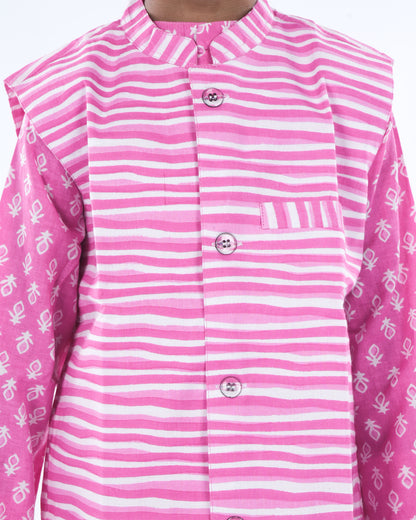 Anuttara Pink Pure Cotton Straight Kurta Waistcoat & Pyjama Set_FJB1038