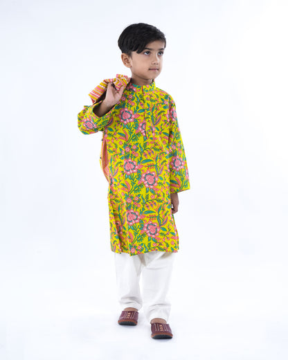 Anuttara Parrot Green Pure Cotton Straight Kurta Waistcoat & Pyjama Set_FJB1040