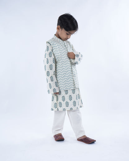 Anuttara Off White Pure Cotton Straight Kurta Waistcoat & Pyjama Set_FJB1041