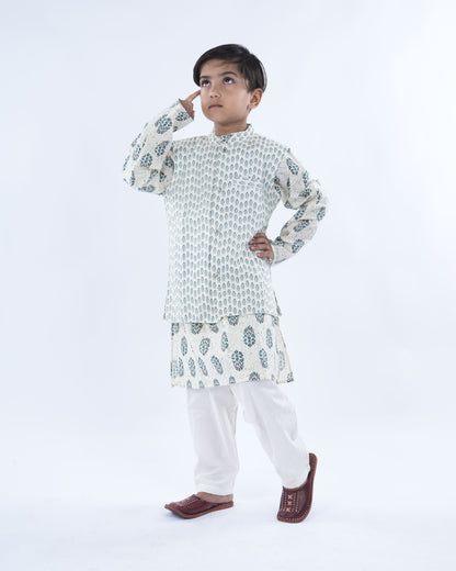 Anuttara Off White Pure Cotton Straight Kurta Waistcoat & Pyjama Set_FJB1041