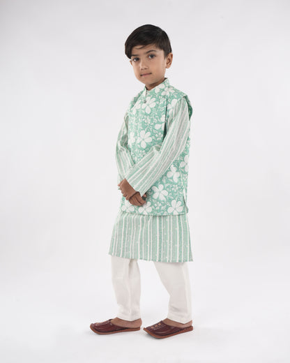 Anuttara Sea Green Pure Cotton Straight Kurta Waistcoat & Pyjama Set_FJB1043