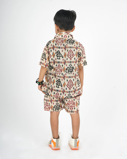 Anuttara Beige Pure Cotton Straight Shirt T Shirt & Short Pant Set_FJB1044