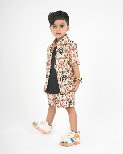 Anuttara Beige Pure Cotton Straight Shirt T Shirt & Short Pant Set_FJB1044