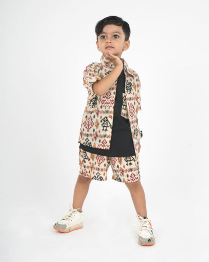 Anuttara Beige Pure Cotton Straight Shirt T Shirt & Short Pant Set_FJB1044