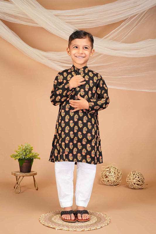FabJunior Black Pure Cotton Straight Kurta & Pyjama Set_FJB1047
