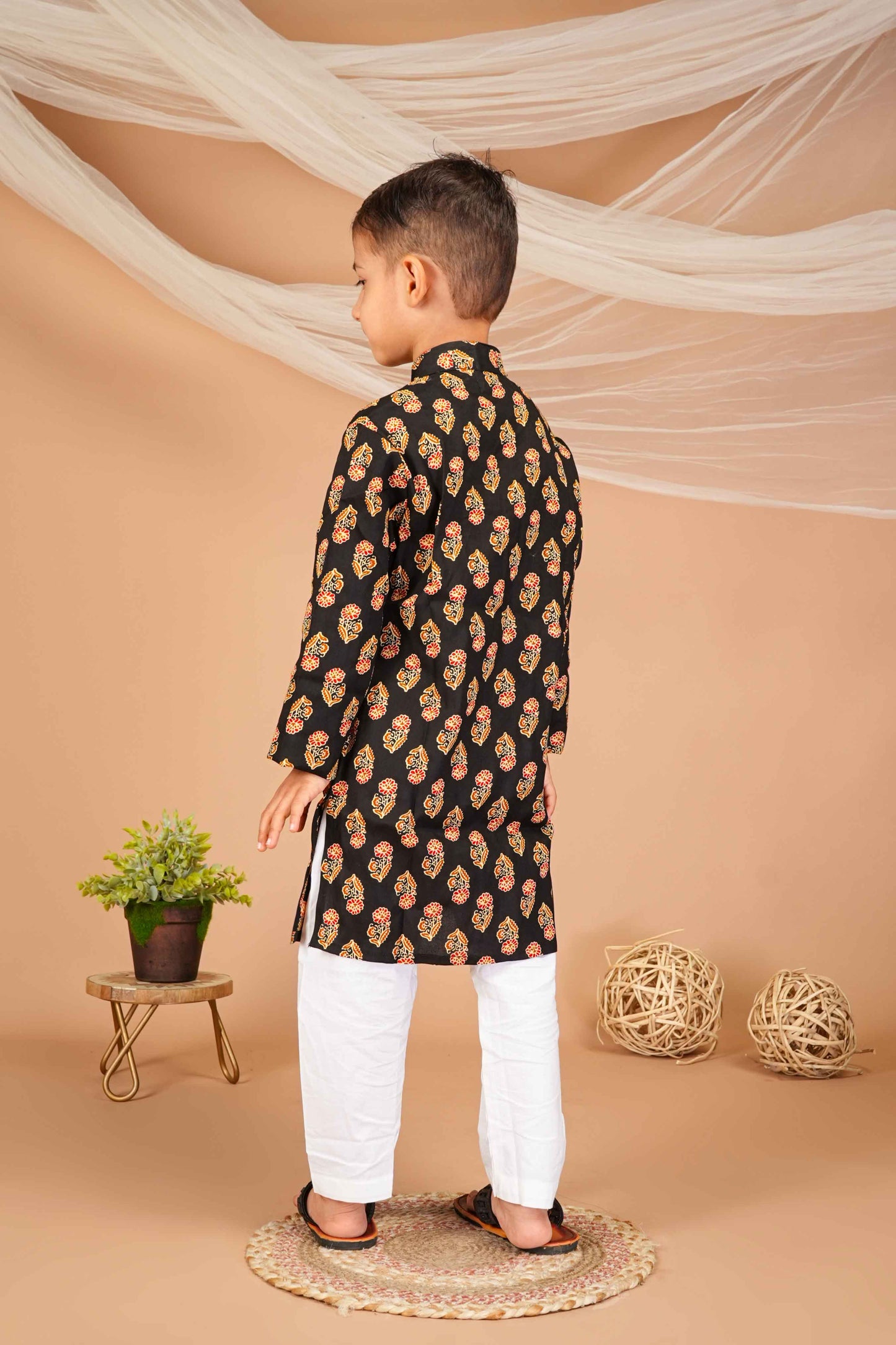 FabJunior Black Pure Cotton Straight Kurta & Pyjama Set_FJB1047