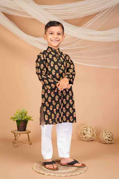 FabJunior Black Pure Cotton Straight Kurta & Pyjama Set_FJB1047