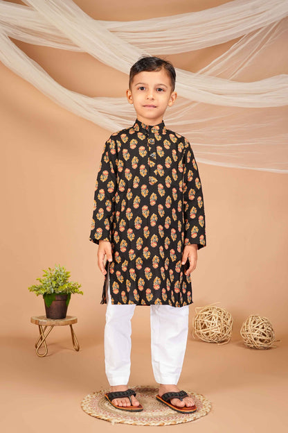 FabJunior Black Pure Cotton Straight Kurta & Pyjama Set_FJB1047