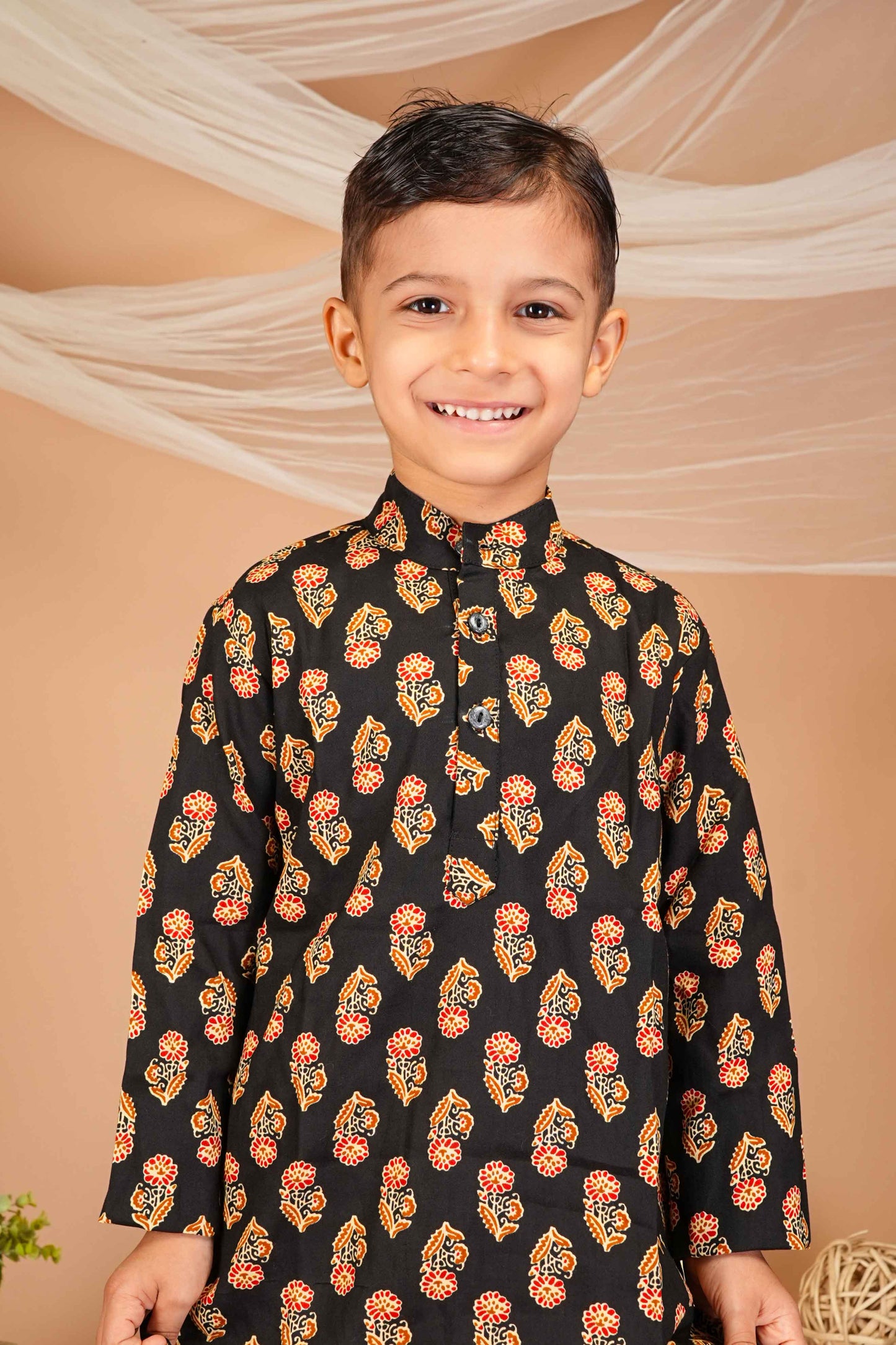 FabJunior Black Pure Cotton Straight Kurta & Pyjama Set_FJB1047