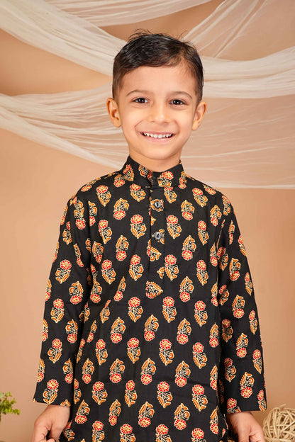 FabJunior Black Pure Cotton Straight Kurta & Pyjama Set_FJB1047