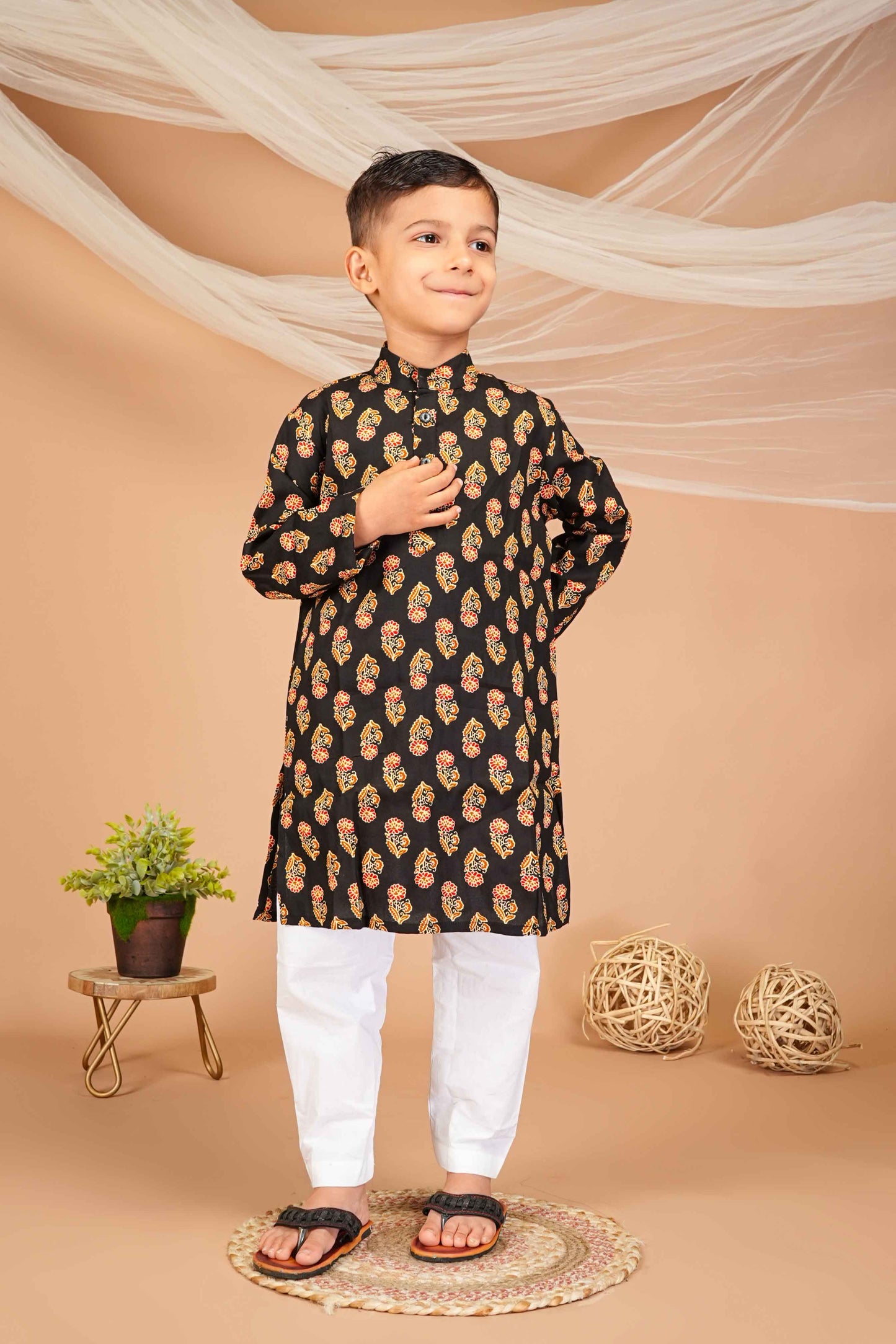 FabJunior Black Pure Cotton Straight Kurta & Pyjama Set_FJB1047