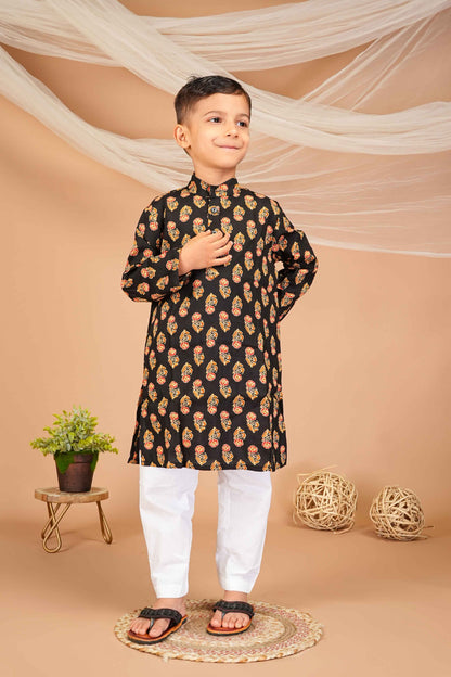 FabJunior Black Pure Cotton Straight Kurta & Pyjama Set_FJB1047