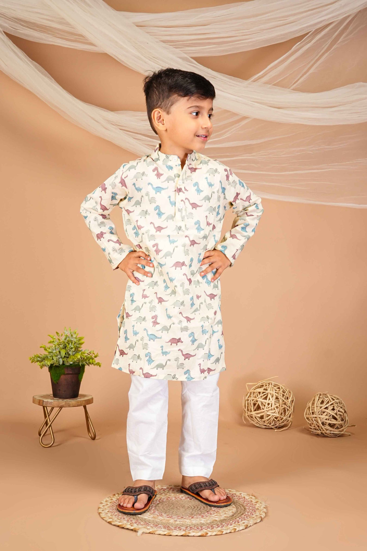 FabJunior Multicolor Pure Cotton Straight Kurta & Pyjama Set_FJB1049