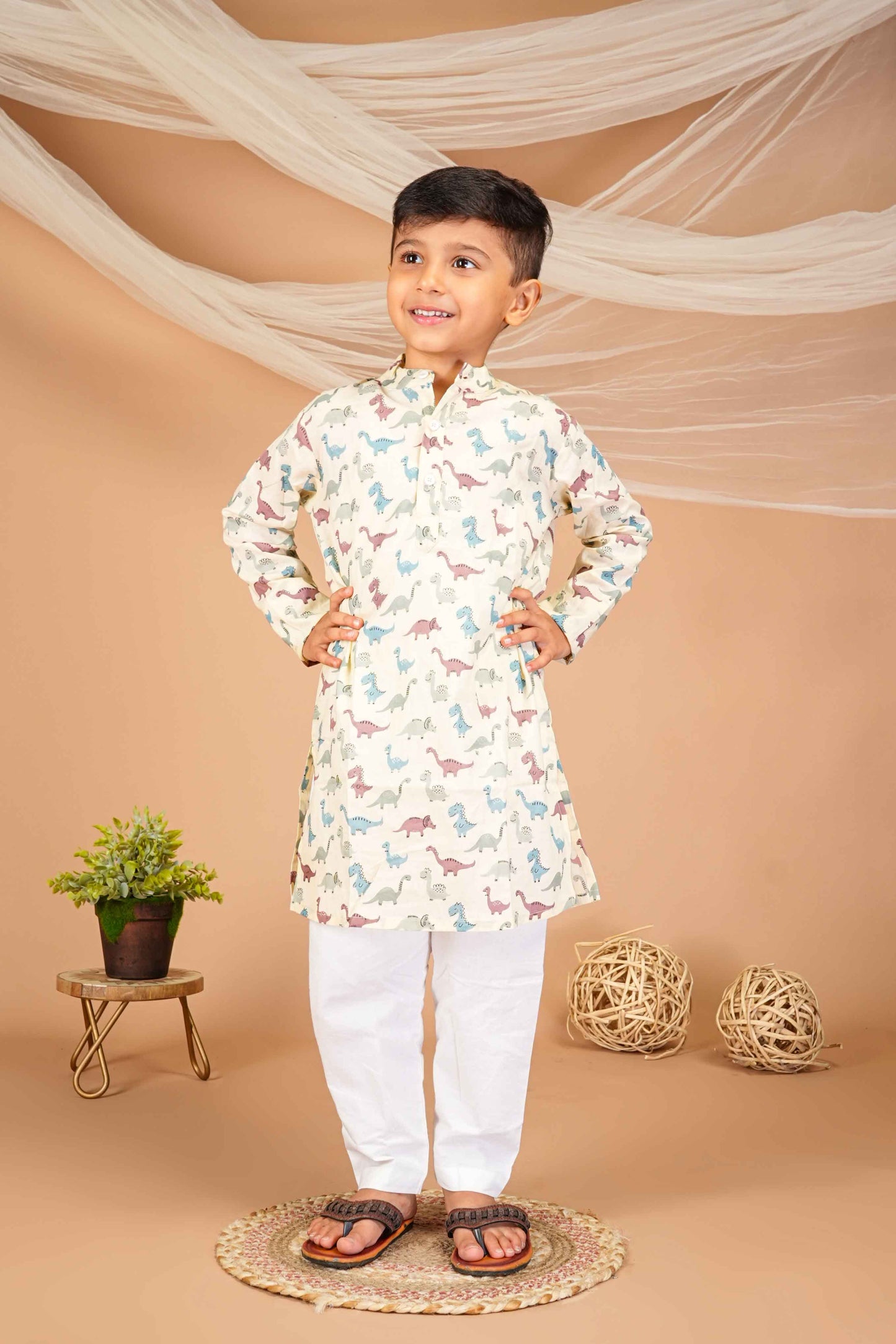 FabJunior Multicolor Pure Cotton Straight Kurta & Pyjama Set_FJB1049