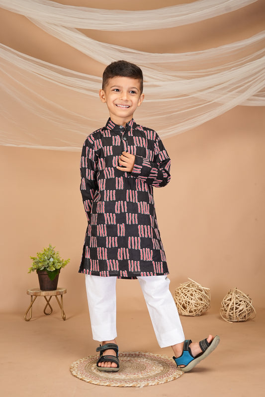FabJunior Black Pure Cotton Straight Kurta & Pyjama Set_FJB1050