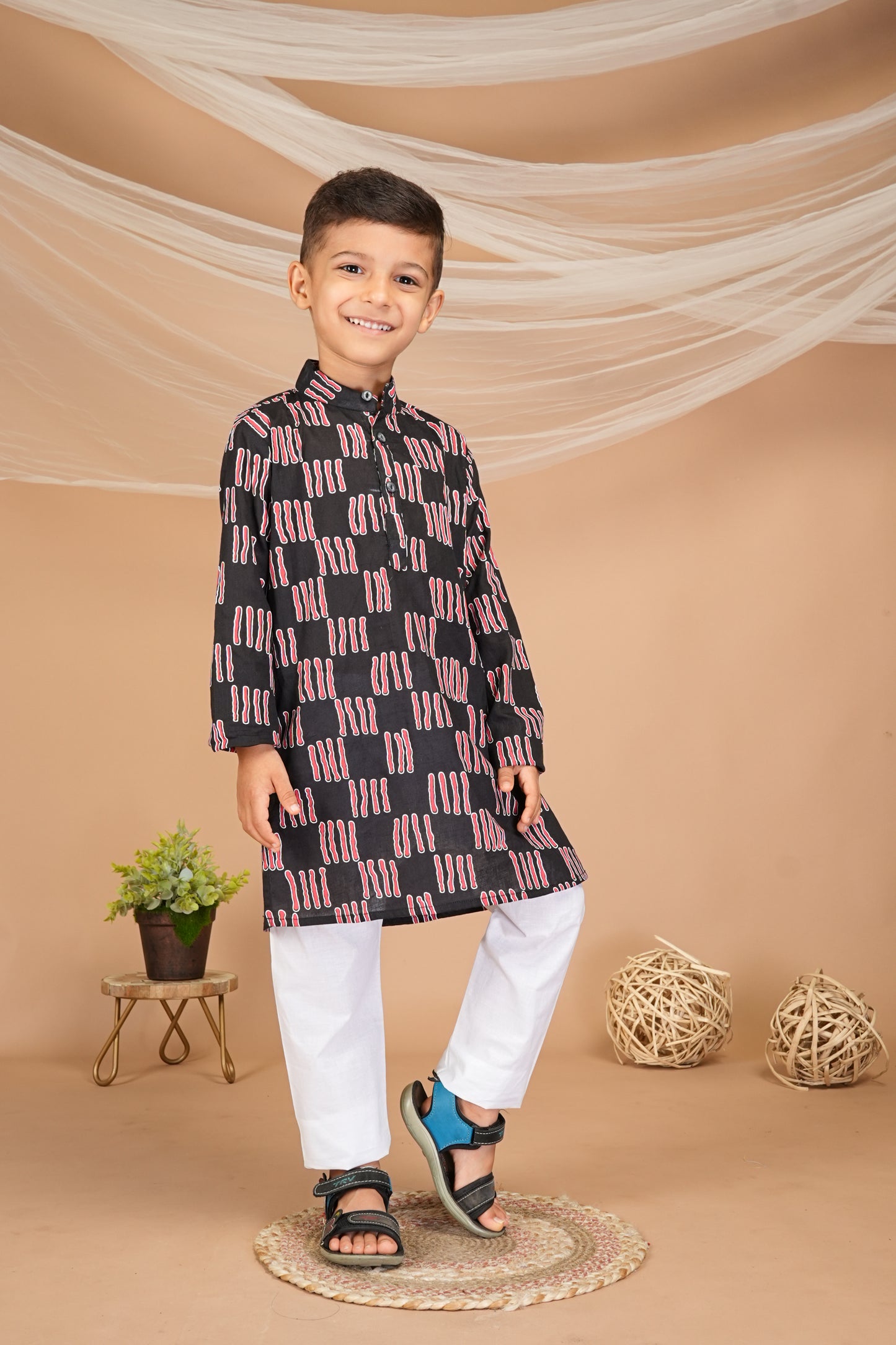 FabJunior Black Pure Cotton Straight Kurta & Pyjama Set_FJB1050